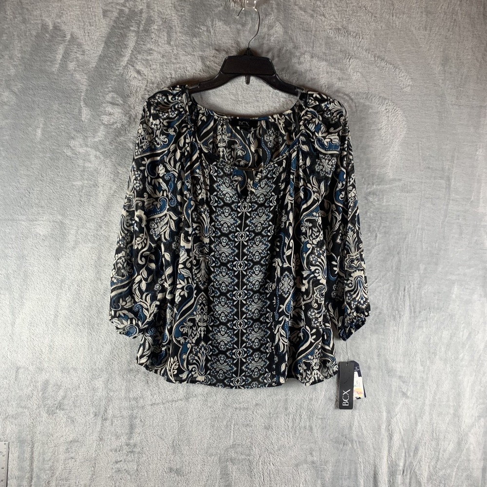 BCX Women's Top Medium Navy Black Mixed Print Long Sleeve Satin‎ Blouse NWT